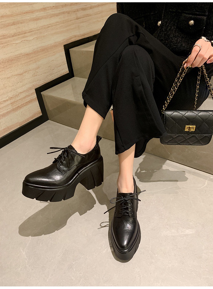 Giày loafer nữ đế xuồng cao gót buộc dây da bò thật — màu nâu chi tiết 5