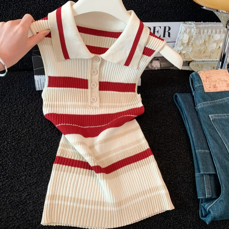 Old Money Style Thick Striped Sleeveless Collared Knit Top with Color-Blocking Casual Sportswear Versatile Ribbed Tank Top Old Money Style Thick Striped Sleeveless Collared Knit Top with Color-Blocking Casual Sportswear Versatile Ribbed Tank Top
