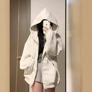 棉质美式秋冬季情侣百搭卫衣oversize慵懒宽松女拉链开衫连帽外套