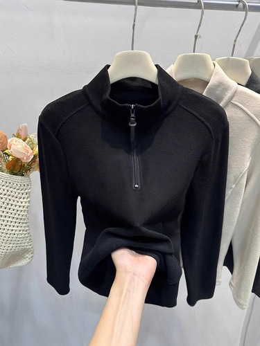 Half-Open Collar Zipper Fleece Base Shirt for Women Autumn/Winter Slimming Sweatshirt with Plush Warm Stand-up Collar Sweatshirt Thick T-shirt