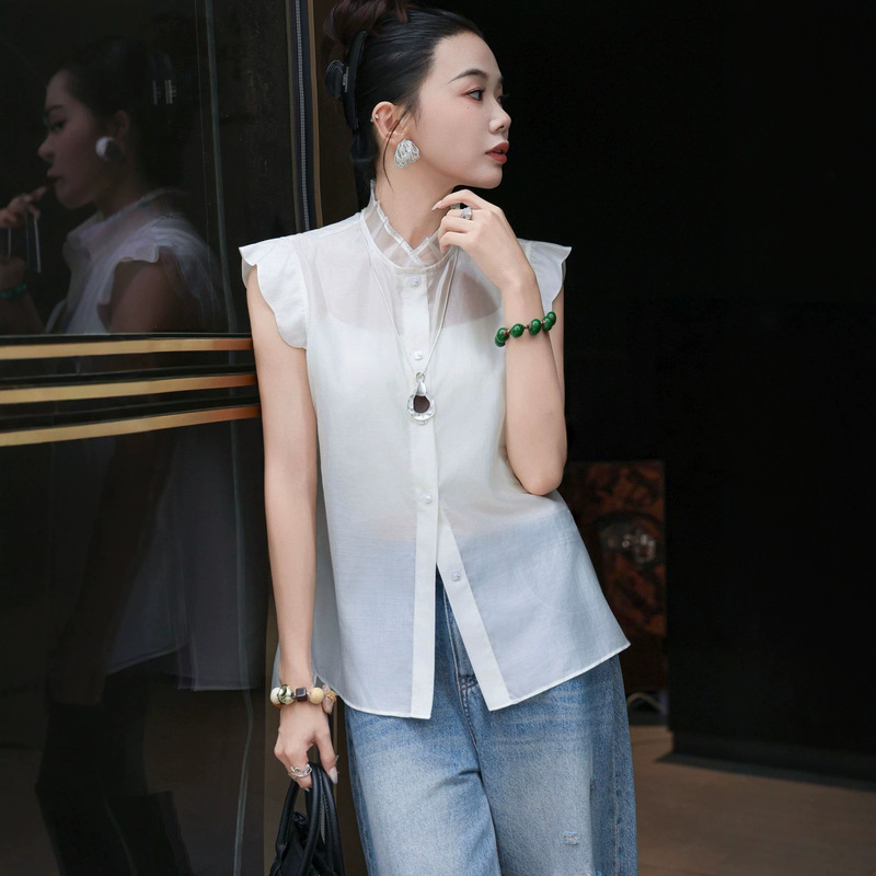 Nanyou Wholesale Tencel and Silk Organza with Lace Trim, Small Flutter Sleeves, Ruffled Stand Collar Blouse Nanyou Wholesale Tencel and Silk Organza with Lace Trim, Small Flutter Sleeves, Ruffled Stand Collar Blouse