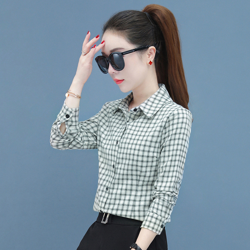 2023年春款洋气时尚衬衫女纯棉格子子衫中年妈妈长袖衬衣秋上衣寸