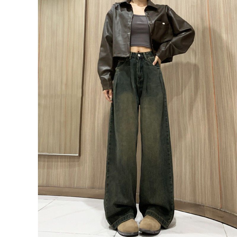 플러스 사이즈 뚱뚱한 시멘트 회색 넓은 다리 청바지 여성의 봄과 가을 2024 새로운 높은 허리 슬리밍 느슨한 스트레이트 바지