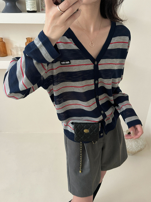 秋装2025新款韩系穿搭高级感条纹针织开衫女宽松显瘦薄款外套上衣|undefined