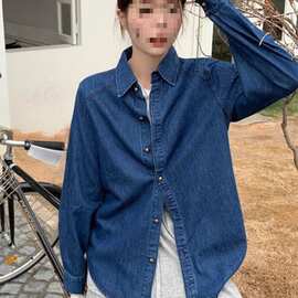 蓝色牛仔衬衫女春新款长袖复古内搭叠穿衬衣设计感小众宽松外套