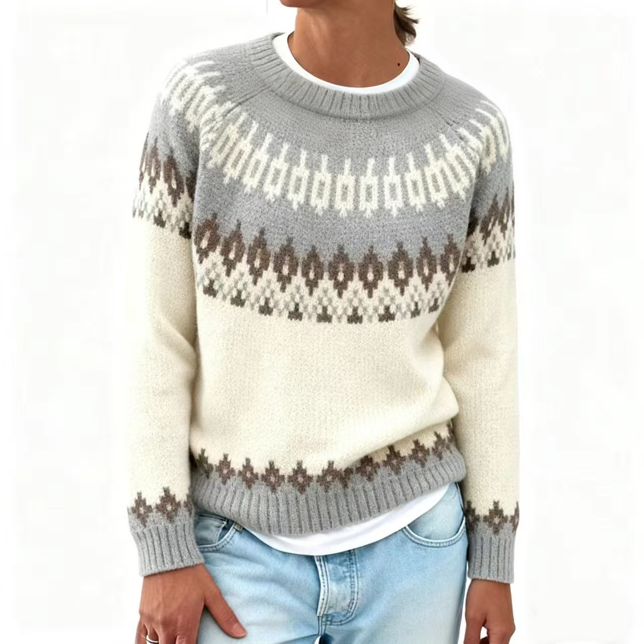 Women's Thick Knit Jacquard Sweater For Autumn And Winter_voghion.com