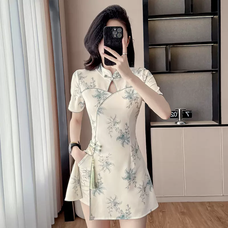 实拍改良旗袍新款温柔年轻款气质少女小个子套装两件套花色
