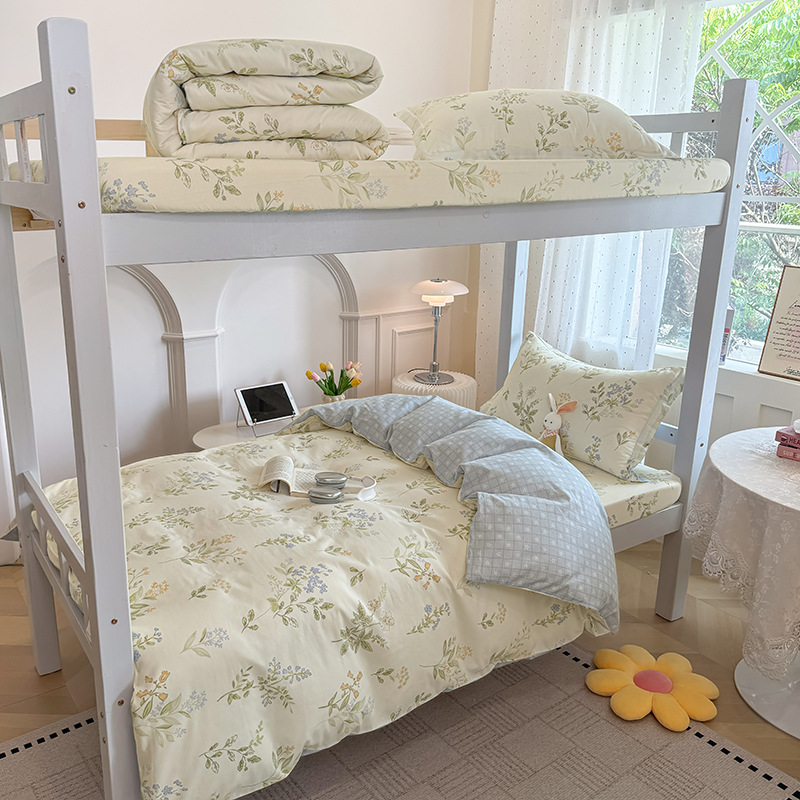 Juego de cama de dormitorio de estudiantes universitarios de tres piezas de algodón puro algodón lavado de algodón sábana individual funda de edredón juego de cama de cuatro piezas