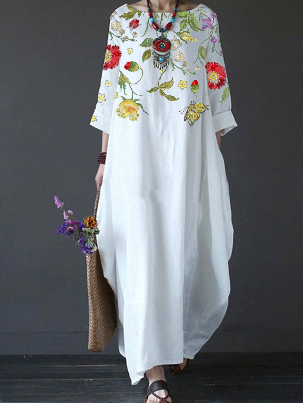 Women's Regular Dress Vintage Style Ethnic Style Round Neck Printing 3/4 Length Sleeve Flower Maxi Long Dress Holiday Tea Party display picture 1