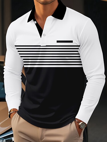 Men's Casual Striped Print Long Sleeve Polo Shirt