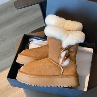 All-match thick-soled snow boots women's winter Internet celebrity fleece-lined thick height increasing lightweight horn buckle fur cotton-padded shoes