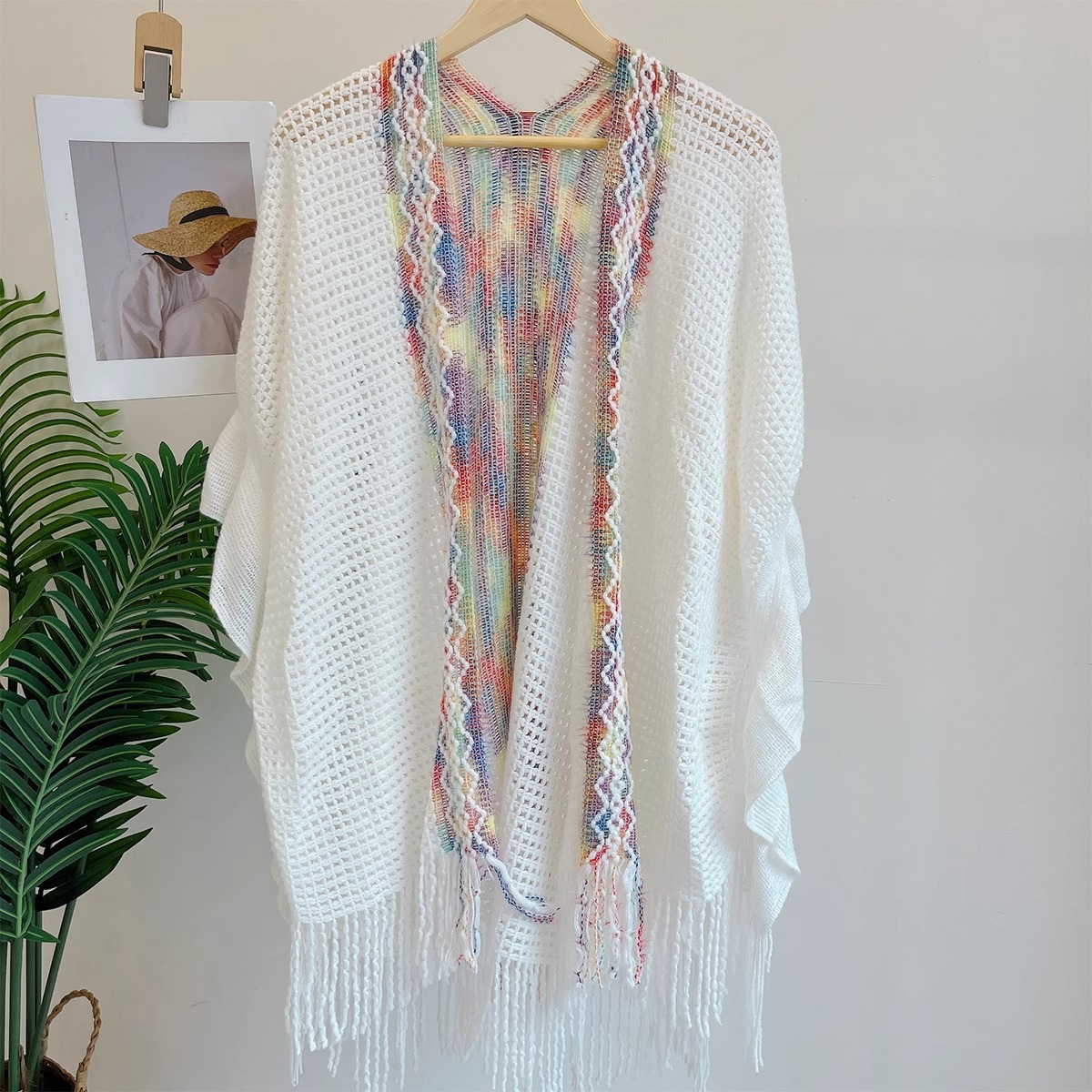 Nuevo chal de mujer, tiras de color, suéter de punto, foto de viaje, capa étnica de todo fósforo, capa de todo fósforo, viaje