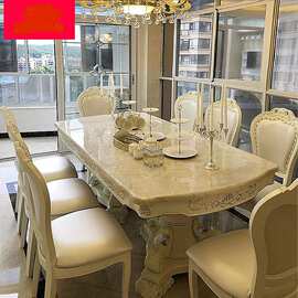 豪华经典长方形餐桌人造大理石实木脚餐桌家具带椅子8座