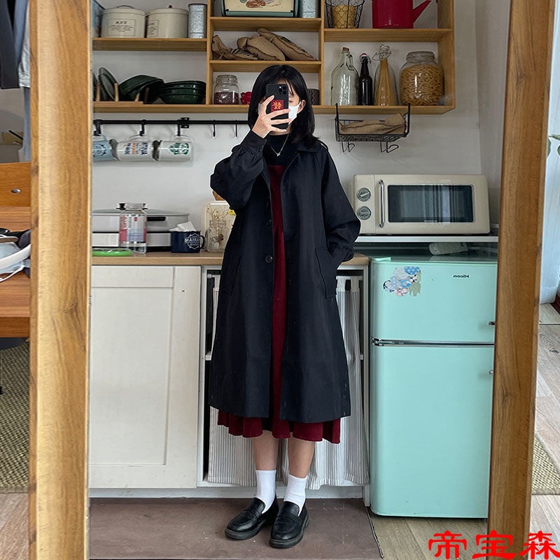 black Windbreaker coat Little 2022 Autumn and winter new pattern Mid length version Korean Edition Easy jacket College wind