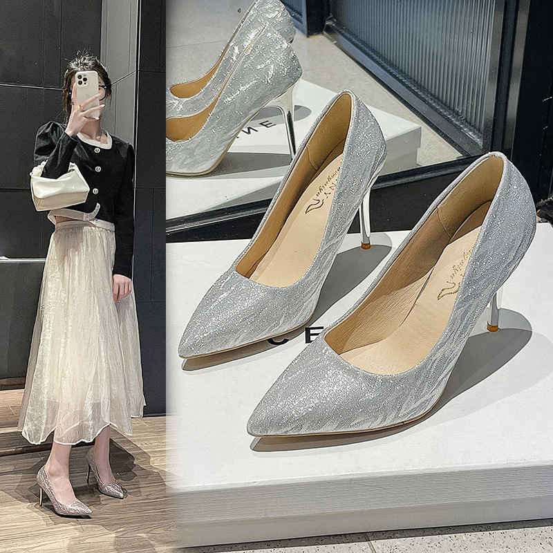 2024 New Arrival Sequin Pointed High Heel Single Shoes Women's All-Match Thin Heel Crystal Wedding Shoes Dress Bridesmaid Shoes