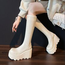 10cm超高跟不过膝长筒靴女2026新款白色靴子厚底增高小个子骑士靴