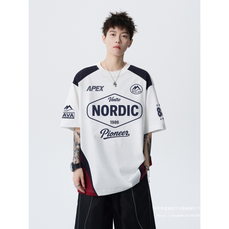 Summer Hong Kong Style Men's Color-Block Short-Sleeve T-Shirt Couple's Trendy Half-Sleeve Top