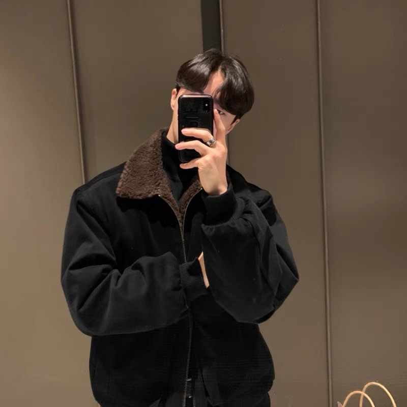 成熟稳重男装韩版翻领夹克外套男士冬季加厚痞帅高级感羊羔毛棉衣