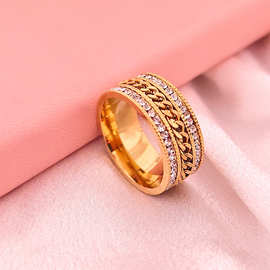 欧美新品欧美个性多层宽面麻花食指戒指女不掉色两排钻不锈钢指环