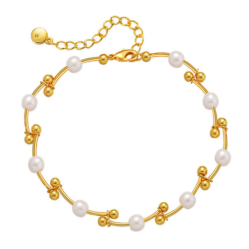 Pearl bracelet with a personalized knotted design, featuring golden round beads and copper tubing—perfect as a lucky charm to attract good fortune, crafted with 18K real gold plating.