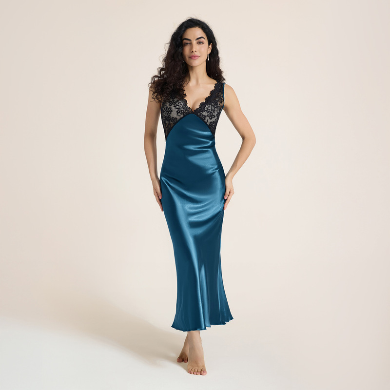 Yaoting Cross-Border New Luxury Night European and American Sexy Style Lace Suspender Slim Elegant Long Nightgown Cq3420