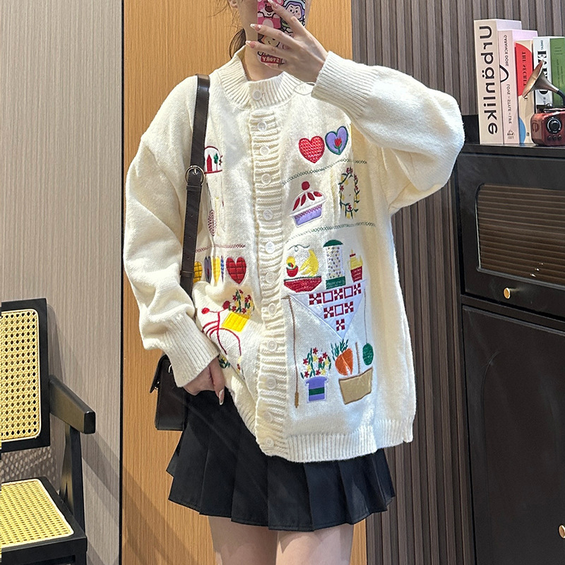 デザイン感小衆重工セーターニットカーディガン女性韓系甘くて可愛い刺繍雰囲気感秋冬服コート|undefined
