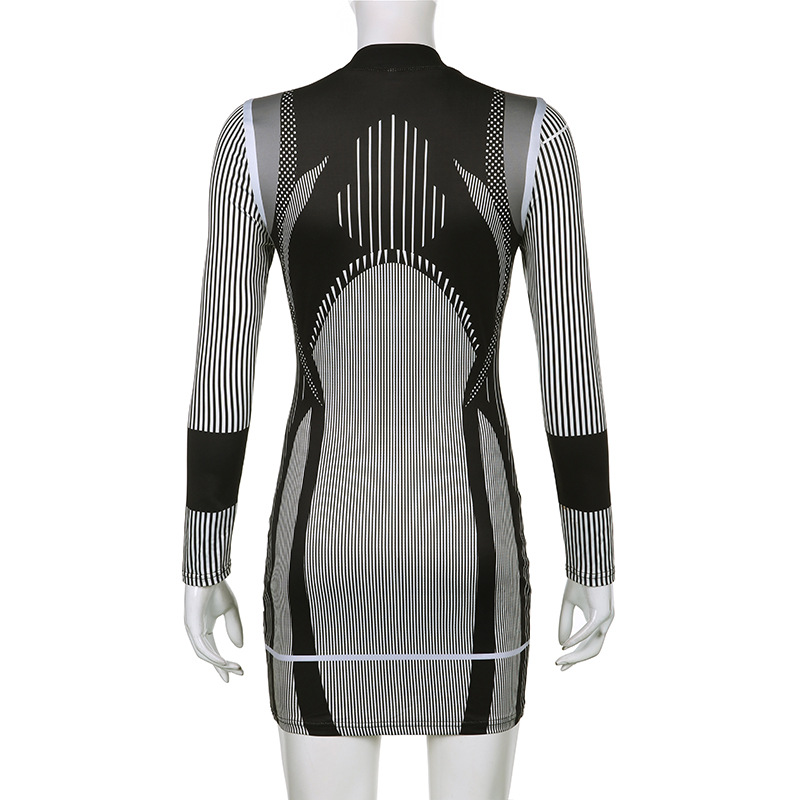 Fashion Stripe High Neck Long Sleeve Printing Zipper Spandex Polyester Above Knee Sheath Dress
