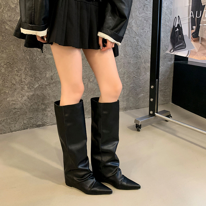 Retro small design demi-season high boots pointed-toe