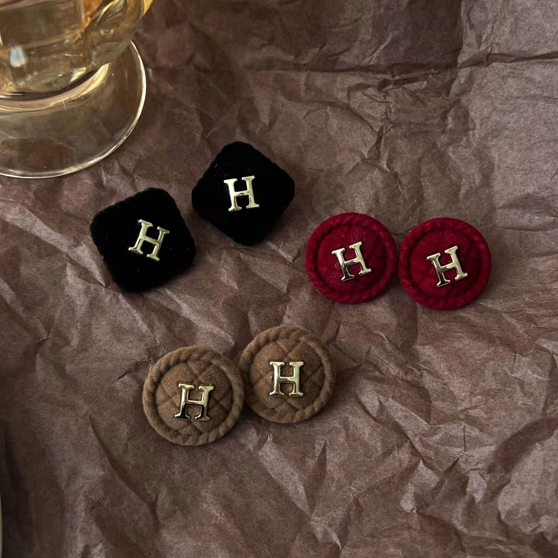 Demi-season suede burgundy square earrings with letters