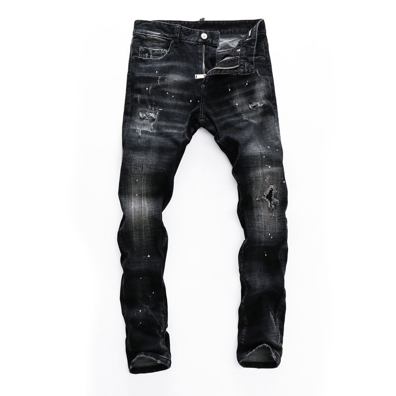 2022 spring and summer new hole patch splash ink paint washed black feet micro-elastic jeans men's trend