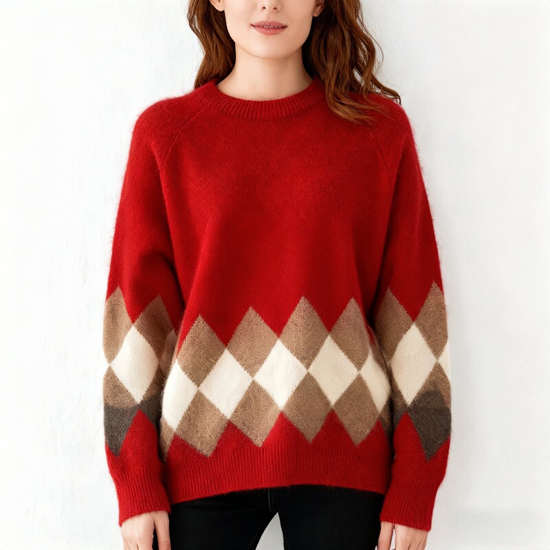 Diamond Pattern Christmas Red Sweater, Round Neck Knitwear, Plus Size, 2026 Autumn and Winter New Style, Pullover for Women, Trendy, Simple and Versatile Diamond Pattern Christmas Red Sweater, Round Neck Knitwear, Plus Size, 2026 Autumn and Winter New Style, Pullover for Women, Trendy, Simple and Versatile