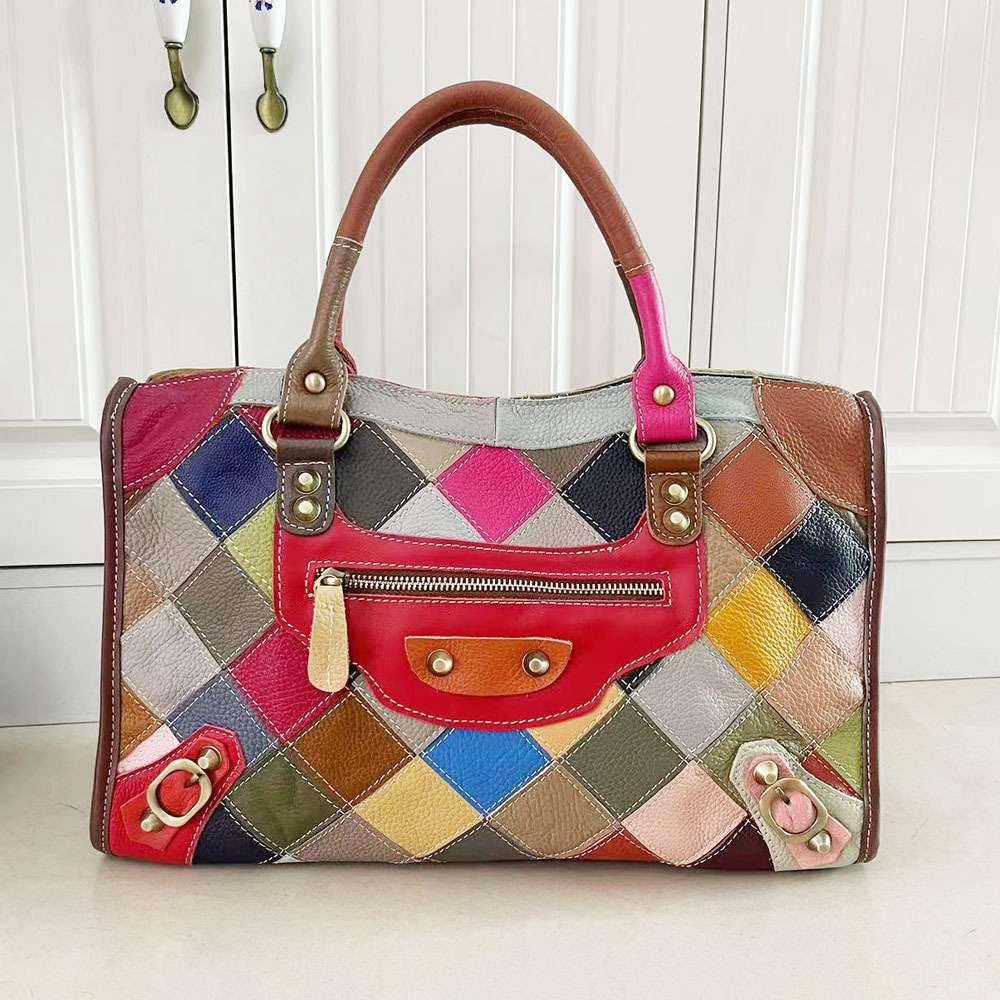 欧美风机车包女士包袋真皮手提包彩色牛皮菱格拼接单肩斜挎包