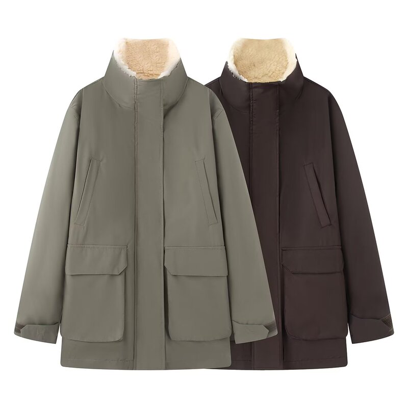 Pb&Za Women's 2025 Winter New Fashion Temperament Casual Lamb Velvet Parka Patchwork Jacket Pb&Za Women's 2025 Winter New Fashion Temperament Casual Lamb Velvet Parka Patchwork Jacket