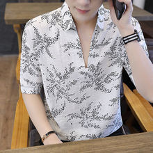 夏季V领短袖T恤男韩版宽松男士青年冰丝Polo衫半袖上衣潮牌休闲款