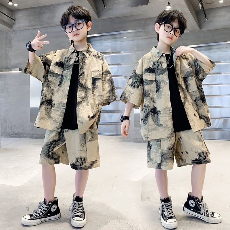男童夏季短袖衬衫套装中大童2025新款儿童男孩薄款夏装时髦帅气潮