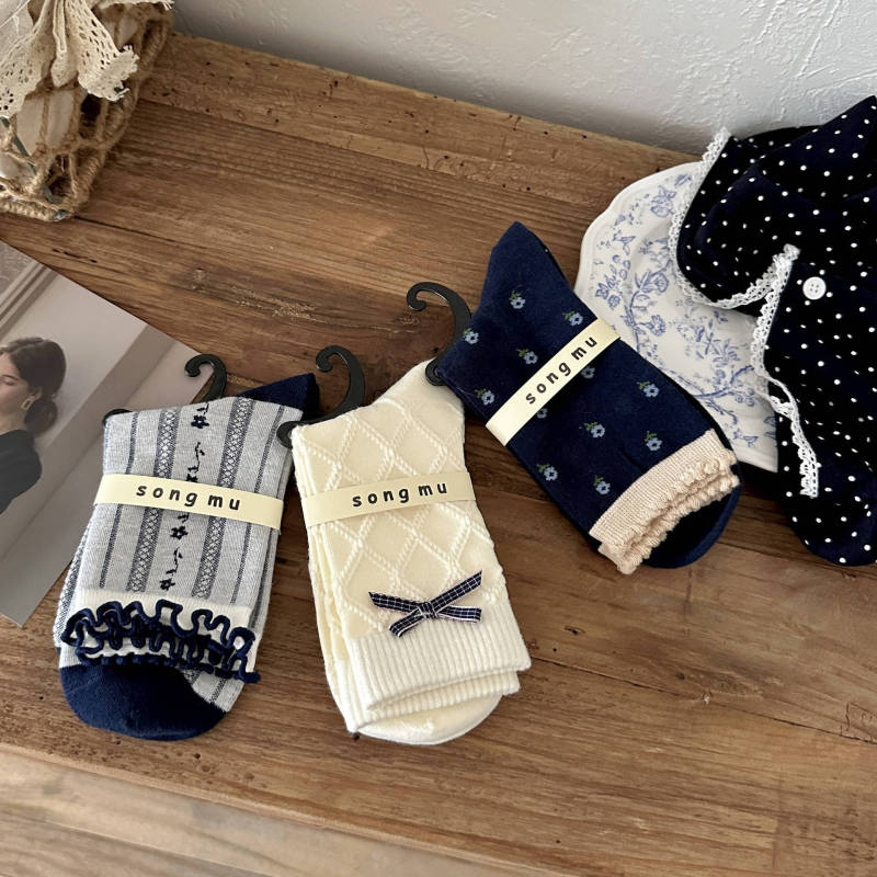 songmu light retro navy blue "bow Korean style socks female tube socks designer cotton socks songmu light retro navy blue "bow Korean style socks female tube socks designer cotton socks