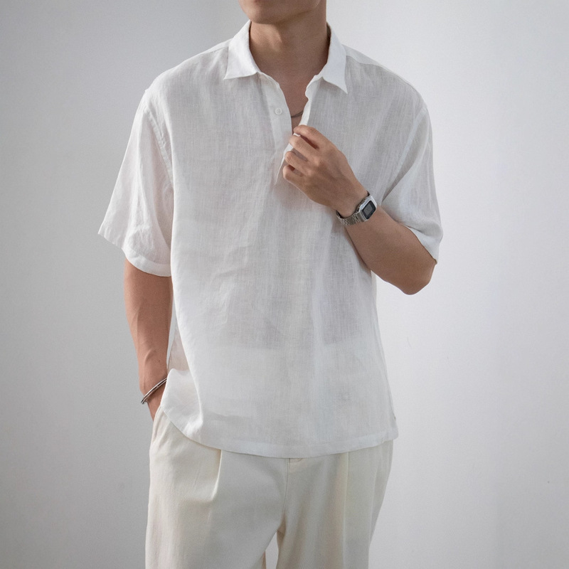 100% Linen Textured Pullover Shirt for Men, Summer Drapey, Loose, Breathable, Cool Linen Short-Sleeve Shirt for Men