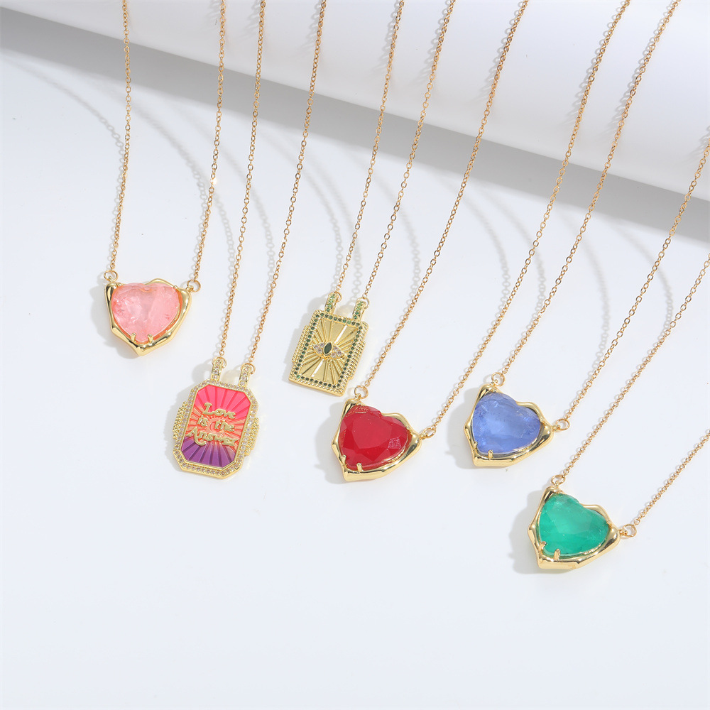 Daily Occasion Copper Material Wholesale Jewelry Simple Style Heart Shape Copper Zircon Enamel Inlay Necklace
