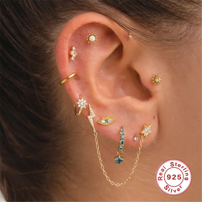 Nueva moda ins simple labio ojo diamante s925 plata esterlina 16G cabeza plana hilo piercing cartílago espárragos