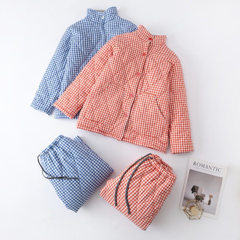 Three-layer quilted muji pajamas autumn and winter unprinted cotton padded couples men and women cotton warm home clothes suit