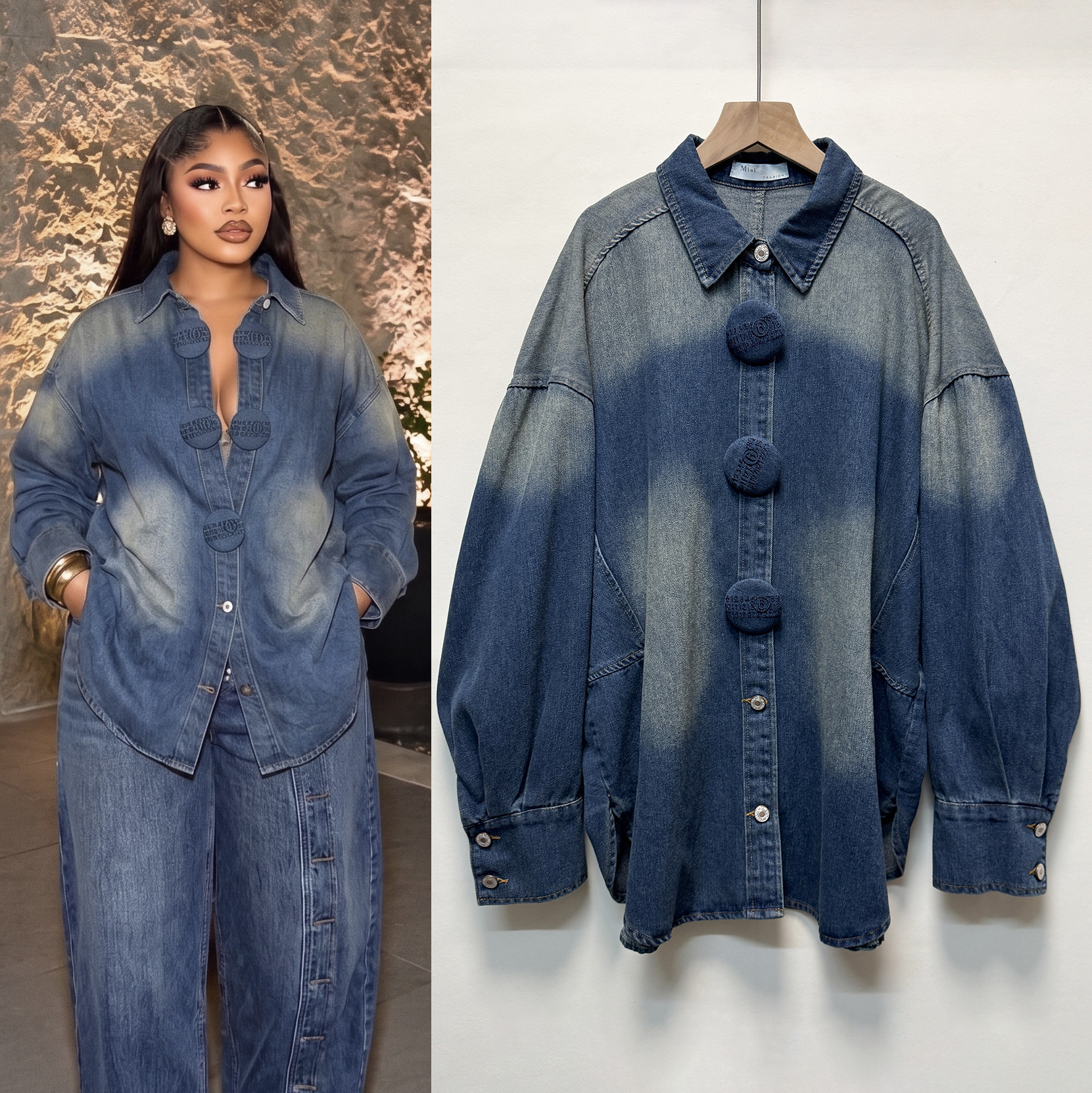 Women's European Style Denim Shirt Autumn Winter Loose Fit Long Sleeves Large Buttons Retro Gradient Wash Lapel Design Top_ecoleips.com