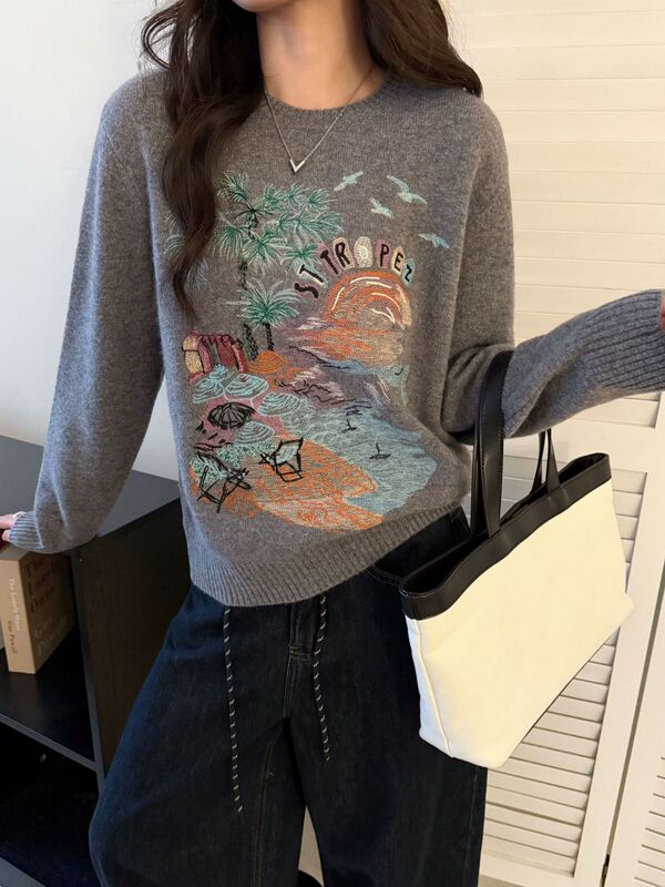 2025女装毛衣重工椰树海摊刺绣洋气减龄全羊毛圆领套头针织衫上衣|undefined