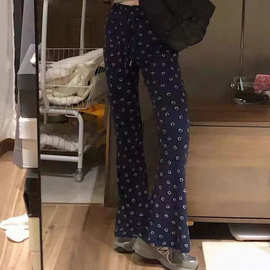 时尚复古满印笑脸休闲喇叭裤子女2025春秋季修身显瘦高腰百搭长裤