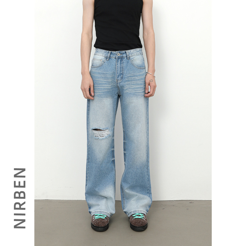 Nirben Denim | American High Street Ripped New Blue Washed Micro La Jeans Men's and Women's Loose Wide Leg Pants