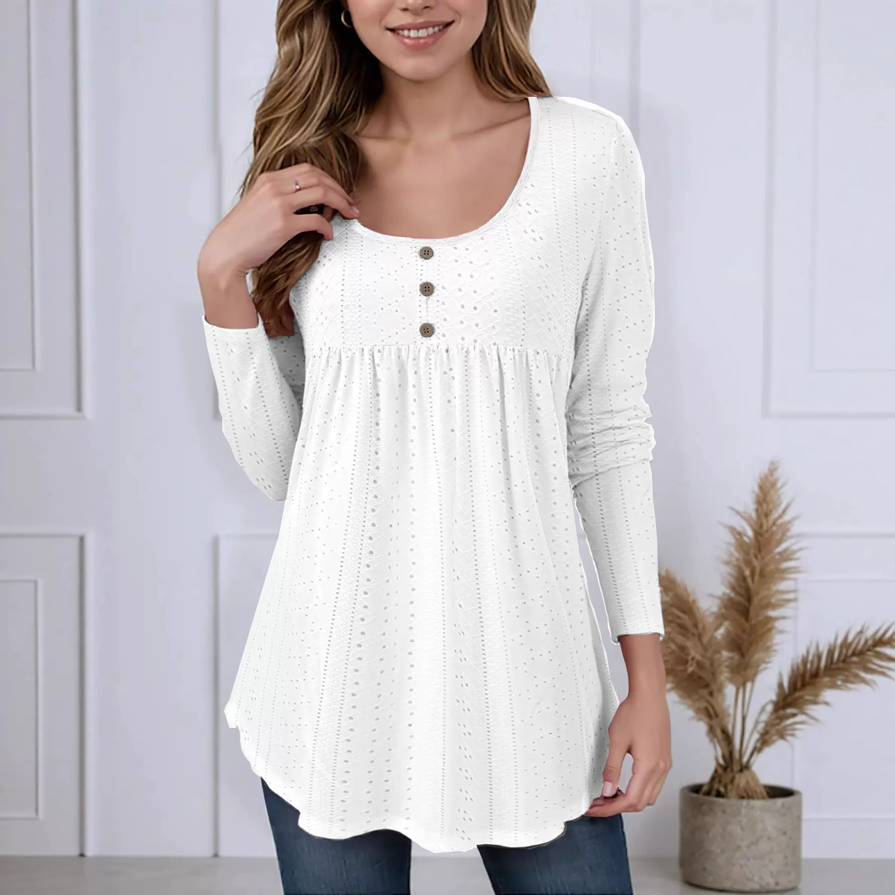 2025跨境欧美外贸女士春秋纯色圆领长袖抽褶上衣宽松纯色女T