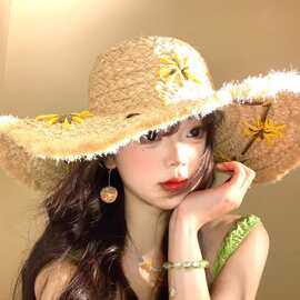 法式小雏菊毛边拉菲草帽女夏季海边度假大帽檐沙滩遮阳帽太阳帽子