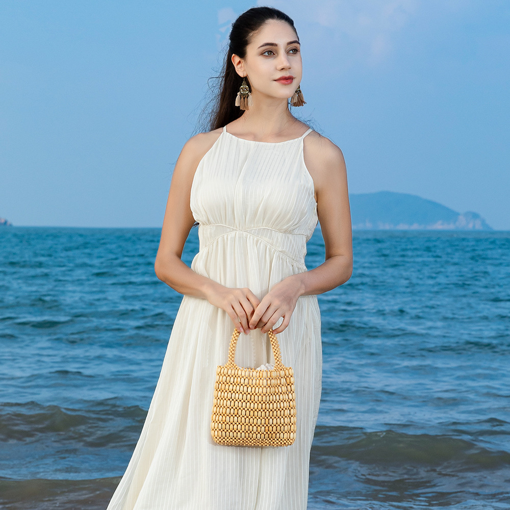 OLEI Contrast Beaded Bag Hand-Woven Women's Beach Vacation Wooden Bead Bag Large Capacity Cross-border Handbag - Thumbnail 2