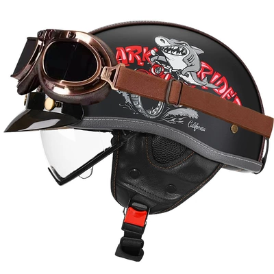 Motosiklet kaskı (dəbilqə) — 3C Certified Retro Motorcycle Helmet Leather - yahei-shark-bully-transparentcopper-mirror-m