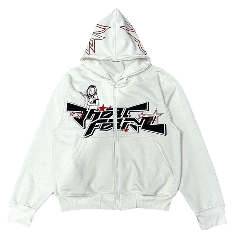 Felpa da strada da uomo con stampa a stelle e lettere, giacca con cerniera, stile gotico hip hop Y2K, uomo e donna, con cappuccio_voghion.com