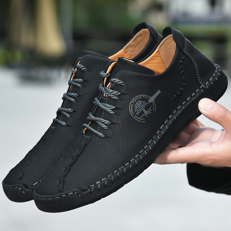 2023 Cross border New Handmade Lace up Business Leather Shoes Foreign Trade Casual Shoes Men's Lace up Trend Large Bean Shoes